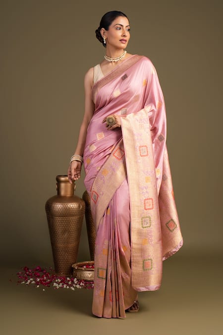 Zal From Benaras Pink Silk Pure Banarasi Handloom Saree With Unstitched Blouse Piece