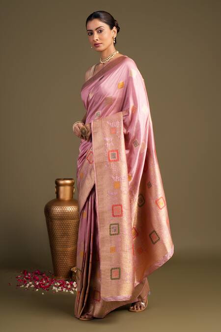 Zal From Benaras_Pink Silk Pure Banarasi Handloom Saree With Unstitched Blouse Piece_Online_at_Aza_Fashions