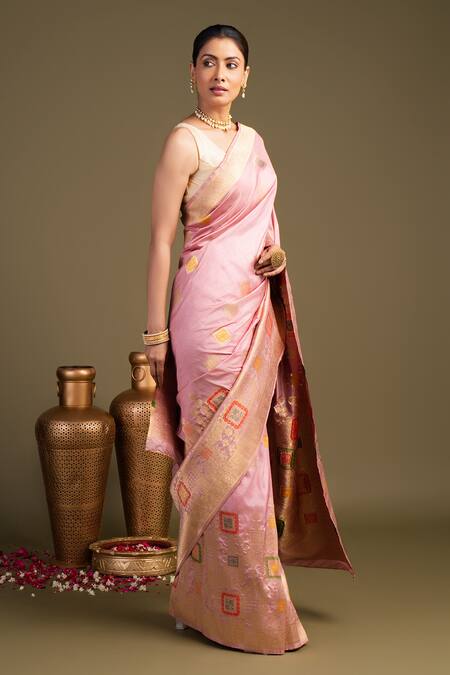 Buy_Zal From Benaras_Pink Silk Pure Banarasi Handloom Saree With Unstitched Blouse Piece_Online_at_Aza_Fashions