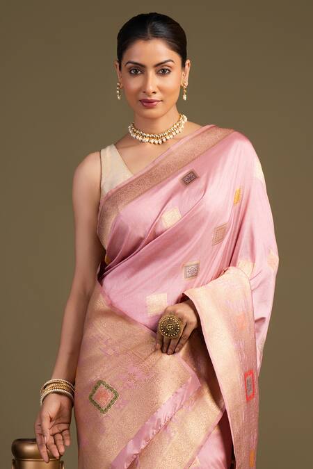 Shop_Zal From Benaras_Pink Silk Pure Banarasi Handloom Saree With Unstitched Blouse Piece_Online_at_Aza_Fashions