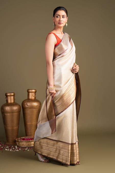 Buy_Zal From Benaras_Pure Katan Zari Brocade Banarasi Handloom Saree With Unstitched Blouse Piece _Online_at_Aza_Fashions