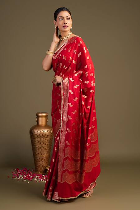 Zal From Benaras_Red Silk Embroidery Pure Banarasi Handloom Saree With Unstitched Blouse Piece_Online_at_Aza_Fashions