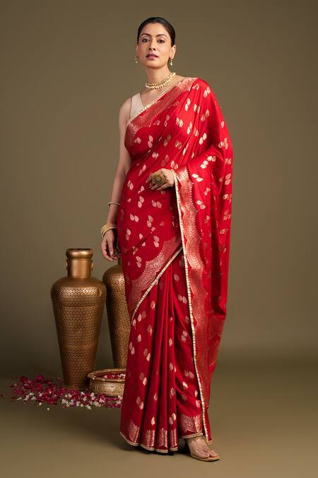 Shop_Zal From Benaras_Red Silk Embroidery Pure Banarasi Handloom Saree With Unstitched Blouse Piece_Online_at_Aza_Fashions