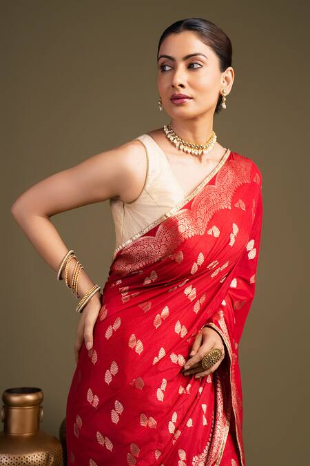 Zal From Benaras_Red Silk Embroidery Pure Banarasi Handloom Saree With Unstitched Blouse Piece_at_Aza_Fashions