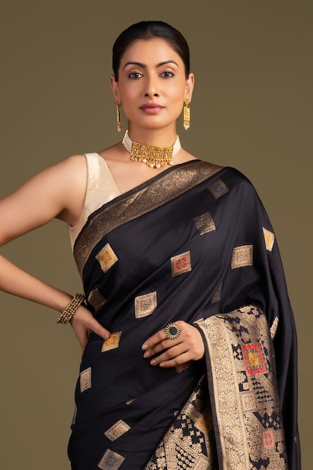 Zal From Benaras_Black Silk Zari Pure Banarasi Handloom Saree With Unstitched Blouse Piece_Online_at_Aza_Fashions