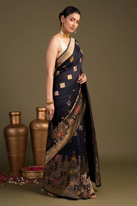 Shop_Zal From Benaras_Black Silk Zari Pure Banarasi Handloom Saree With Unstitched Blouse Piece_Online_at_Aza_Fashions