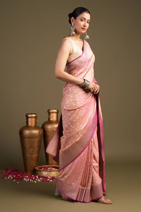 Zal From Benaras_Pink Silk Pure Katan Satin Banarasi Handloom Saree With Unstitched Blouse Piece_Online_at_Aza_Fashions