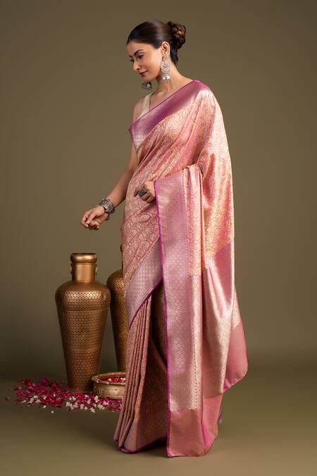 Shop_Zal From Benaras_Pink Silk Pure Katan Satin Banarasi Handloom Saree With Unstitched Blouse Piece_Online_at_Aza_Fashions