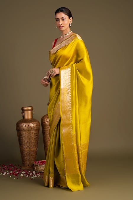 Zal From Benaras_Gold Silk Pure Katan Banarasi Handloom Saree With Unstitched Blouse Piece_Online_at_Aza_Fashions