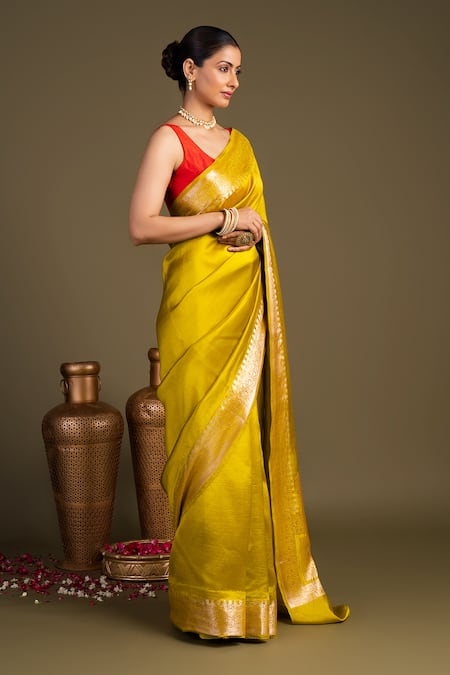 Buy_Zal From Benaras_Gold Silk Pure Katan Banarasi Handloom Saree With Unstitched Blouse Piece_Online_at_Aza_Fashions