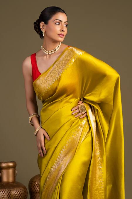 Shop_Zal From Benaras_Gold Silk Pure Katan Banarasi Handloom Saree With Unstitched Blouse Piece_Online_at_Aza_Fashions