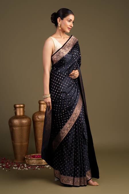 Zal From Benaras_Black Pure Katan Satin Banarasi Handloom Saree With Unstitched Blouse Piece_Online_at_Aza_Fashions