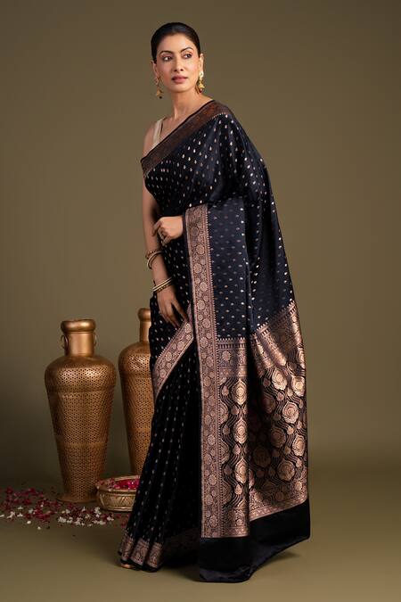 Shop_Zal From Benaras_Black Pure Katan Satin Banarasi Handloom Saree With Unstitched Blouse Piece_Online_at_Aza_Fashions
