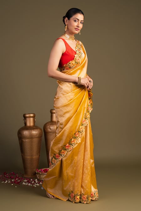 Zal From Benaras_Yellow Tissue, Pure Hand Banarasi Handloom Saree With Unstitched Blouse Piece _Online_at_Aza_Fashions