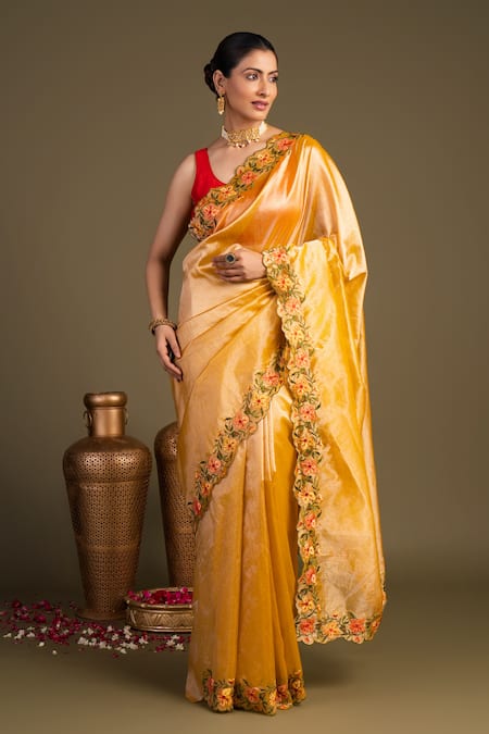 Zal From Benaras Yellow Tissue, Pure Hand Banarasi Handloom Saree With Unstitched Blouse Piece