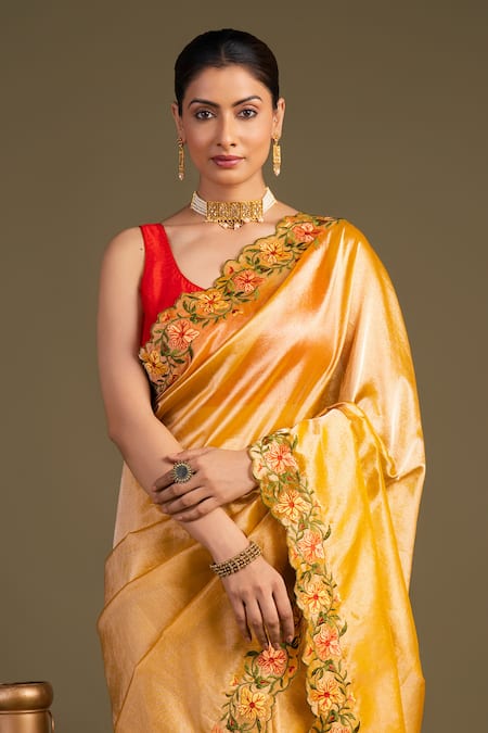 Buy_Zal From Benaras_Yellow Tissue, Pure Hand Banarasi Handloom Saree With Unstitched Blouse Piece _Online_at_Aza_Fashions