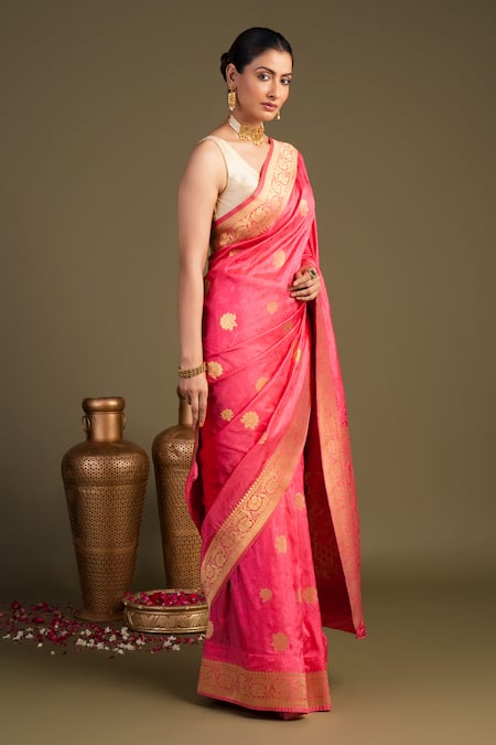 Buy_Zal From Benaras_Pink Silk Zari Pure Banarasi Handloom Saree With Unstitched Blouse Piece _Online_at_Aza_Fashions