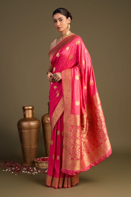 Shop_Zal From Benaras_Pink Silk Zari Pure Banarasi Handloom Saree With Unstitched Blouse Piece _Online_at_Aza_Fashions