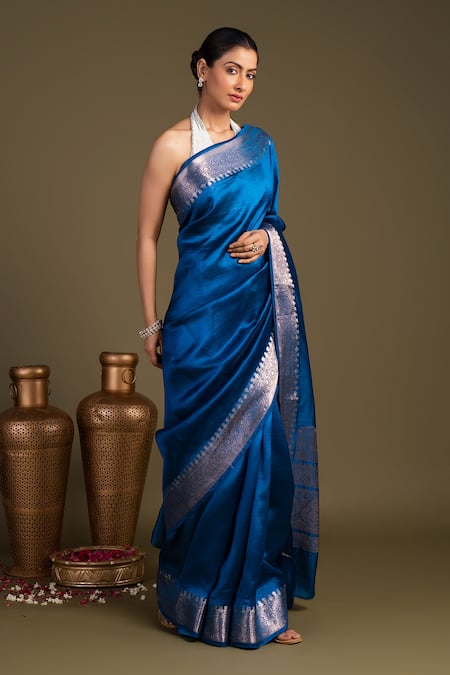 Zal From Benaras_Blue Silk Pure Katan Banarasi Handloom Saree With Unstitched Blouse Piece_Online_at_Aza_Fashions