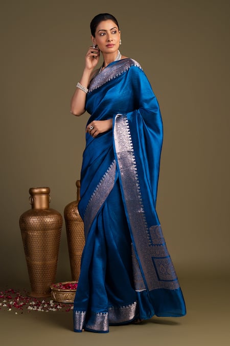 Buy_Zal From Benaras_Blue Silk Pure Katan Banarasi Handloom Saree With Unstitched Blouse Piece_Online_at_Aza_Fashions