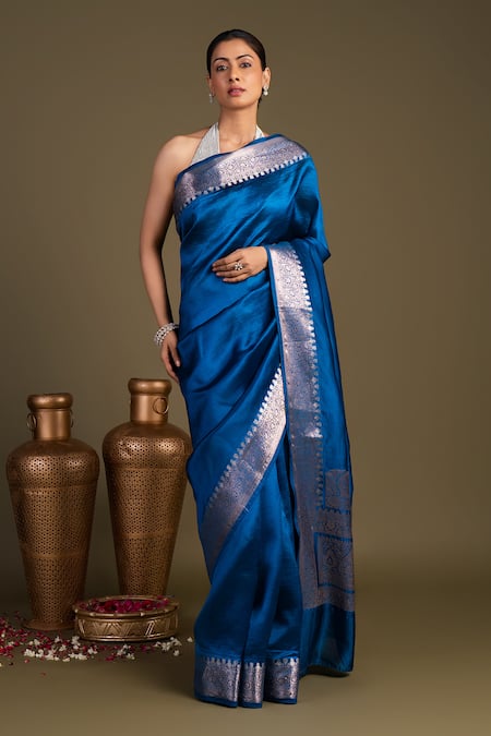 Zal From Benaras Blue Silk Pure Katan Banarasi Handloom Saree With Unstitched Blouse Piece