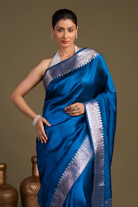 Shop_Zal From Benaras_Blue Silk Pure Katan Banarasi Handloom Saree With Unstitched Blouse Piece_Online_at_Aza_Fashions