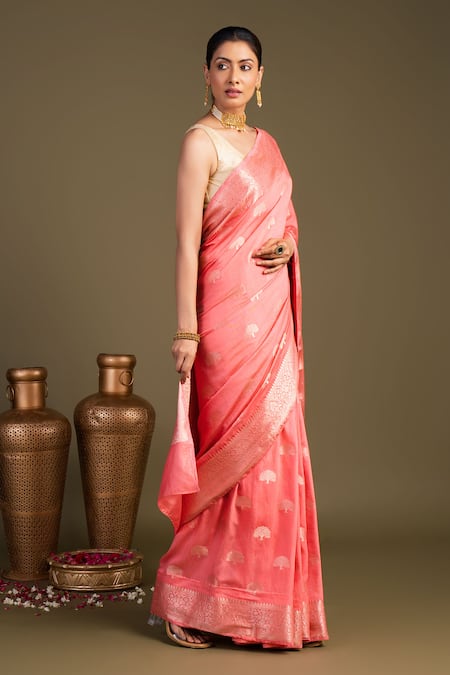 Zal From Benaras_Peach Silk Pure Monga Banarasi Handloom Saree With Unstitched Blouse Piece _Online_at_Aza_Fashions
