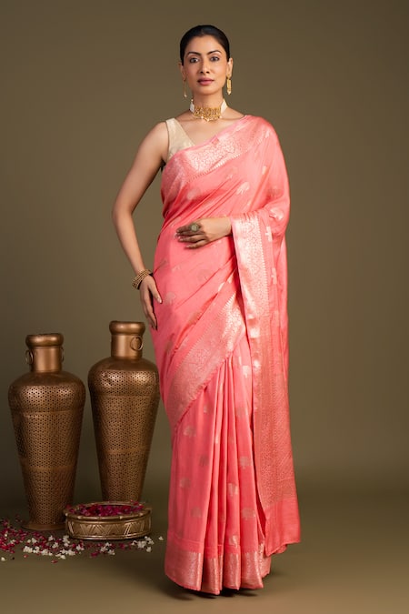 Zal From Benaras Peach Silk Pure Monga Banarasi Handloom Saree With Unstitched Blouse Piece