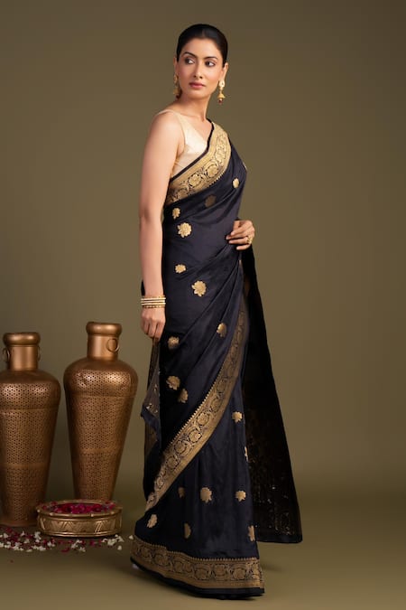 Zal From Benaras_Black Silk Zari Pure Banarasi Handloom Saree With Unstitched Blouse Piece _Online_at_Aza_Fashions