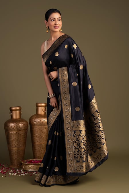 Buy_Zal From Benaras_Black Silk Zari Pure Banarasi Handloom Saree With Unstitched Blouse Piece _Online_at_Aza_Fashions