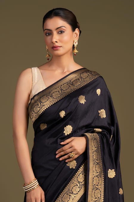 Shop_Zal From Benaras_Black Silk Zari Pure Banarasi Handloom Saree With Unstitched Blouse Piece _Online_at_Aza_Fashions