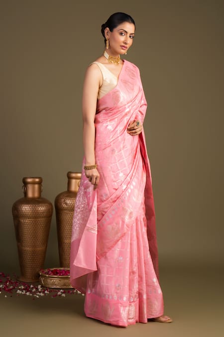 Zal From Benaras_Pink Silk Pure Banarasi Handloom Saree With Unstitched Blouse Piece _Online_at_Aza_Fashions