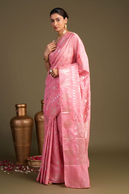 Buy_Zal From Benaras_Pink Silk Pure Banarasi Handloom Saree With Unstitched Blouse Piece _Online_at_Aza_Fashions
