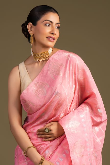 Shop_Zal From Benaras_Pink Silk Pure Banarasi Handloom Saree With Unstitched Blouse Piece _Online_at_Aza_Fashions