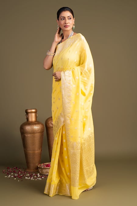 Buy_Zal From Benaras_Yellow Silk Pure Monga Banarasi Handloom Saree With Unstitched Blouse Piece _Online_at_Aza_Fashions
