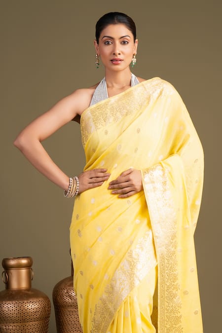 Zal From Benaras_Yellow Silk Pure Monga Banarasi Handloom Saree With Unstitched Blouse Piece _at_Aza_Fashions