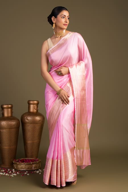 Zal From Benaras Pink Silk Pure Banarasi Handloom Saree With Unstitched Blouse Piece