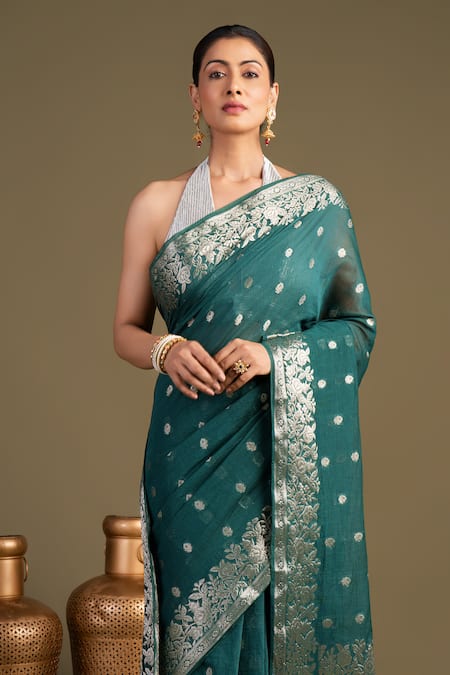 Buy_Zal From Benaras_Green Silk Zari Pure Monga Banarasi Handloom Saree With Unstitched Blouse Piece _Online_at_Aza_Fashions