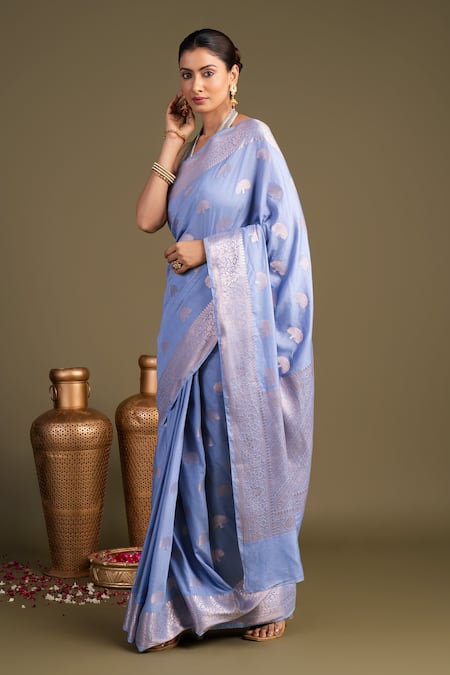 Zal From Benaras_Blue Silk Pure Monga Banarasi Handloom Saree With Unstitched Blouse Piece _Online_at_Aza_Fashions
