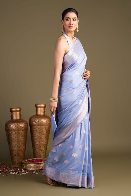 Zal From Benaras_Blue Silk Pure Monga Banarasi Handloom Saree With Unstitched Blouse Piece _at_Aza_Fashions