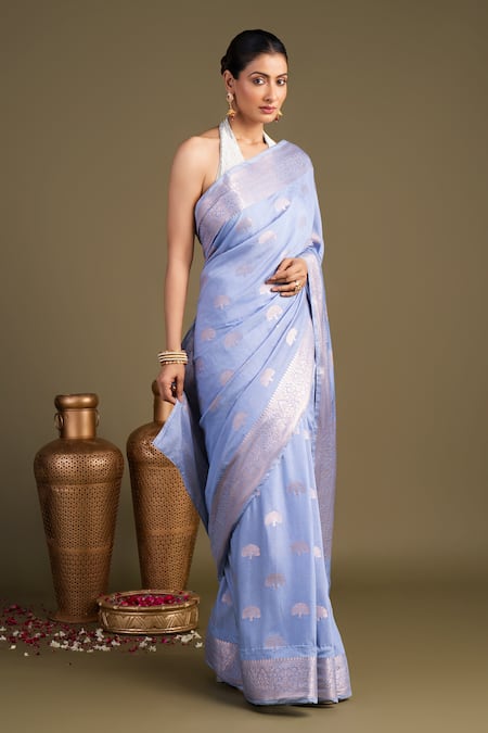 Zal From Benaras Blue Silk Pure Monga Banarasi Handloom Saree With Unstitched Blouse Piece