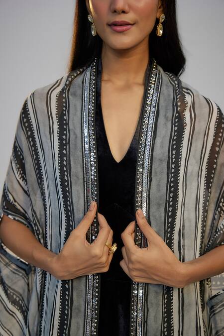 Buy_Nadima Saqib_Black Velvet Sequins Halter , Open Dress And Printed Cape Set _Online_at_Aza_Fashions