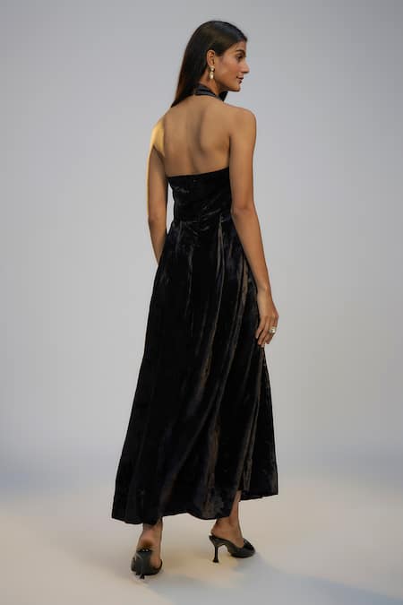 Shop_Nadima Saqib_Black Velvet Sequins Halter , Open Dress And Printed Cape Set _Online_at_Aza_Fashions