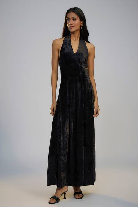 Nadima Saqib_Black Velvet Sequins Halter , Open Dress And Printed Cape Set _at_Aza_Fashions