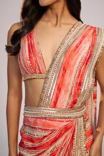 Buy_Nadima Saqib_Red Georgette, Crepe, Shantoon Sequins, Pearls, Printed And Embroidered Saree Set _Online_at_Aza_Fashions