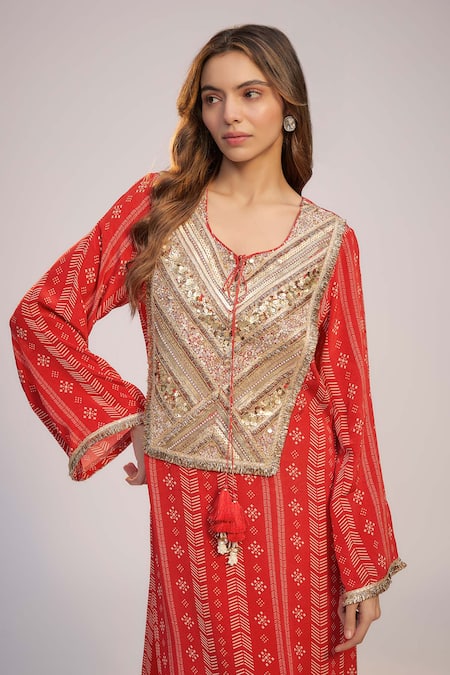 Nadima Saqib_Red Crepe Sequins, Fringe Round Neck Printed And Embroidered Kaftan Dress _Online_at_Aza_Fashions