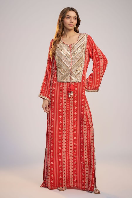 Nadima Saqib Red Printed & Embroidered Kaftan Dress 