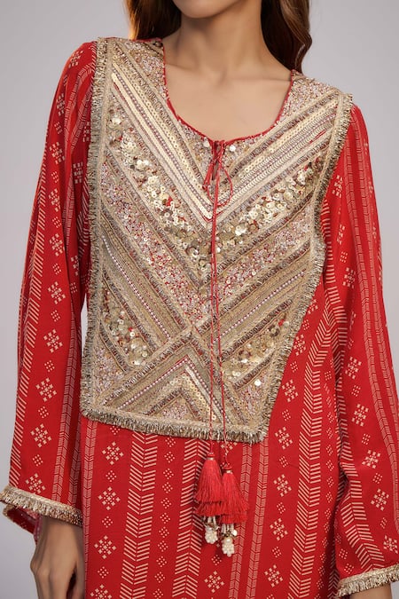 Buy_Nadima Saqib_Red Crepe Sequins, Fringe Round Neck Printed And Embroidered Kaftan Dress _Online_at_Aza_Fashions