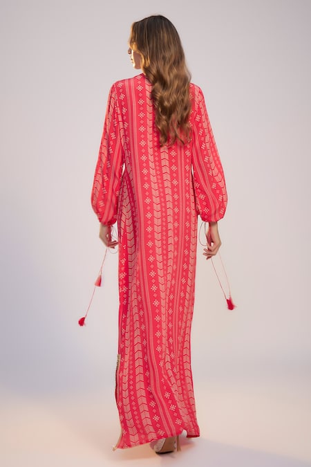 Nadima Saqib Fuschia Pink Printed & Embroidered Kaftan 