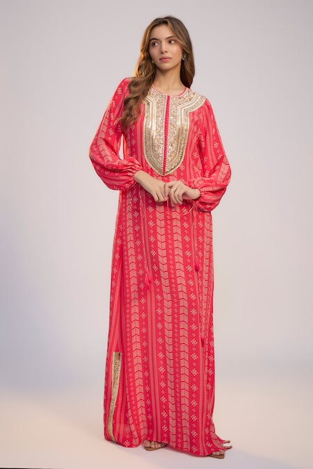 Nadima Saqib Fuschia Pink Printed & Embroidered Kaftan 